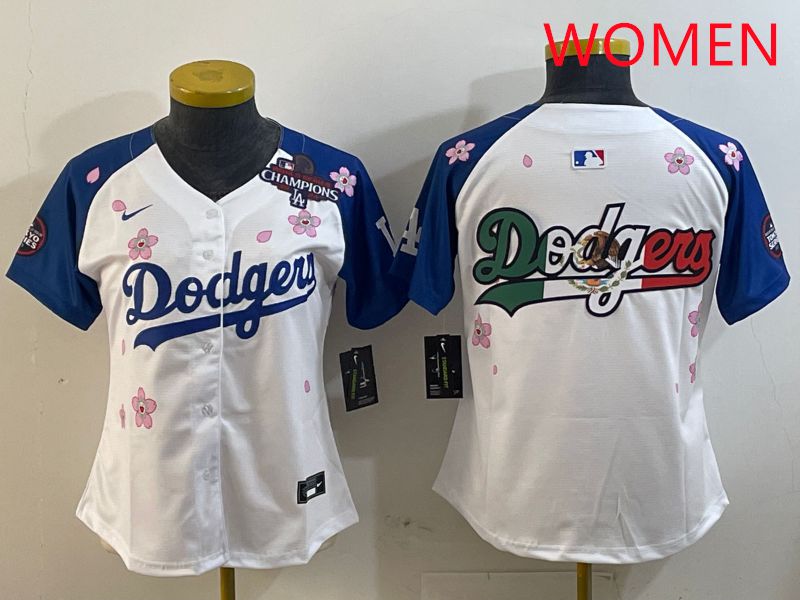 Women Los Angeles Dodgers Blank White Blue Sakura Edition 2025 Nike MLB Jersey style 8->women mlb jersey->Women Jersey